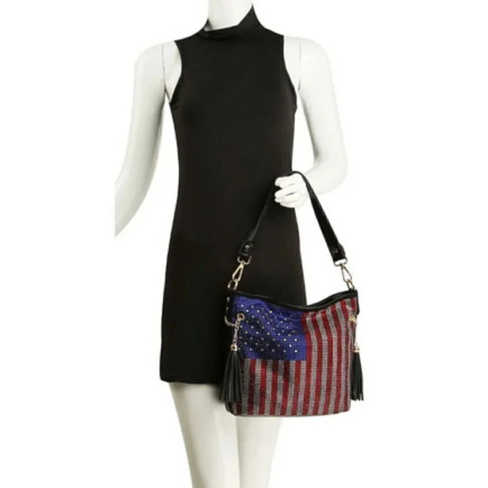 American Flag Red White Blue Rhinestone Bling Black Hobo Crossbody Shoulder Bag